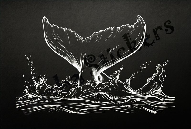 Whale lobtailing, making a big splash, outline art