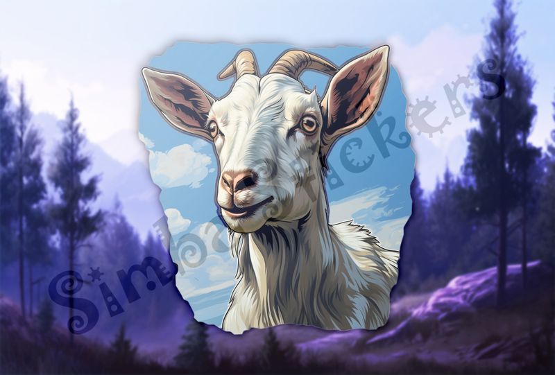 White goat standing against blue sky background
