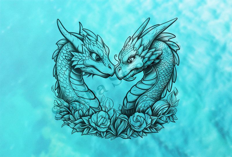 Baby dragons nose-to-nose in love,  wrapped in flowers, outline art