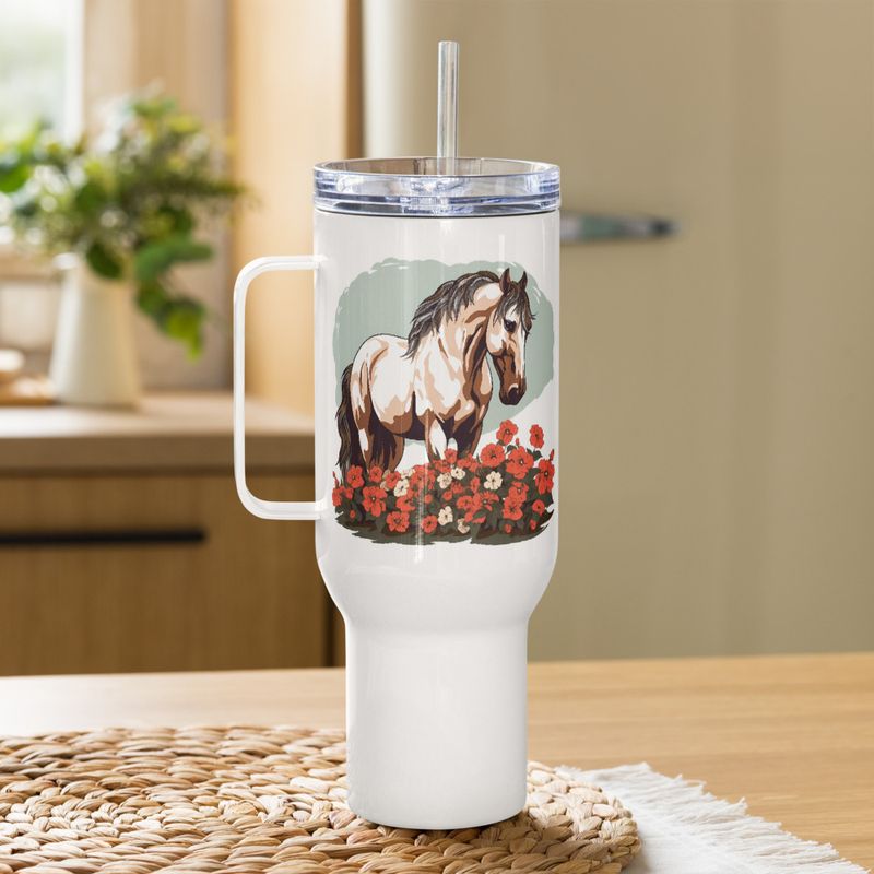 Travel Mug, Cattle, Brown horse in field of red flowers, n4w2fj