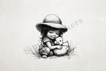 Duckling hugged by small kneeling girl in a hat, outline art
