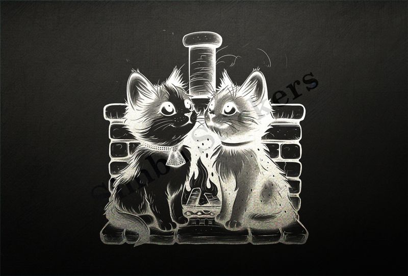 Cats, one in glasses, by the fireplace, outline art
