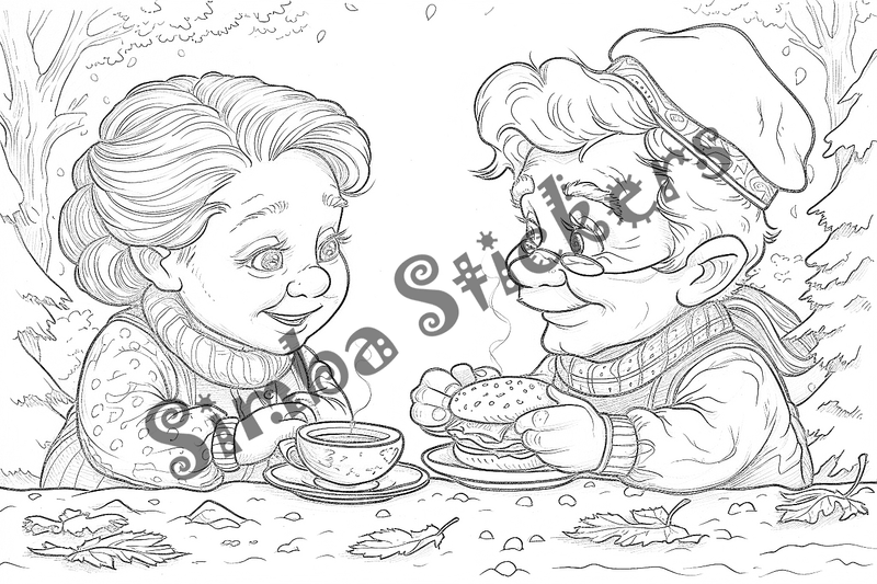 Colouring pages, bundle of people, grandparents in love at picnic, 25 images