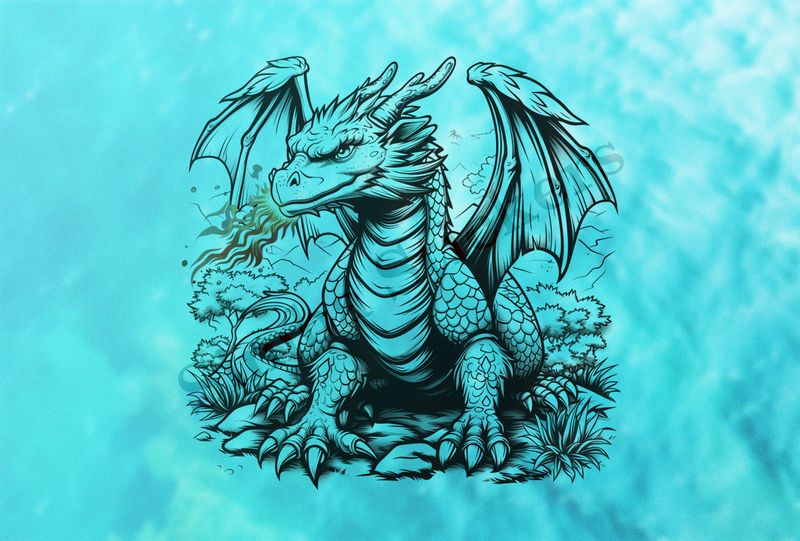 Dragon breathing fire, bushy background, wings outspread, outline art