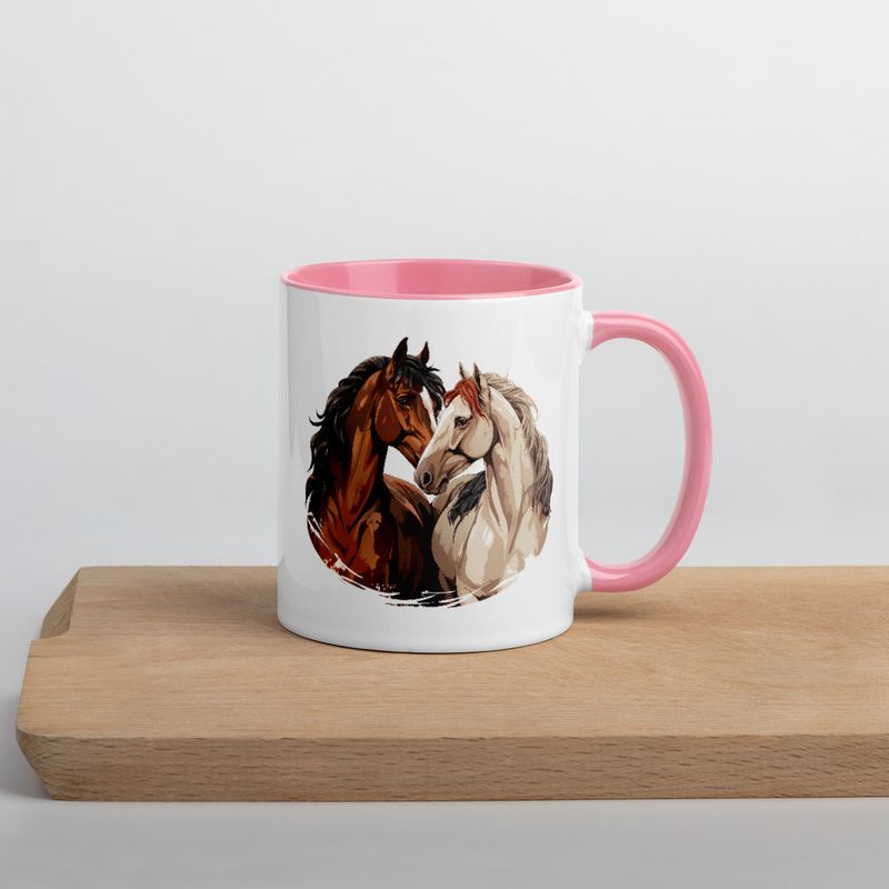 White Ceramic Mug with Color Inside, 11&amp;15oz, Horses nose-to-nose, jbgjpy