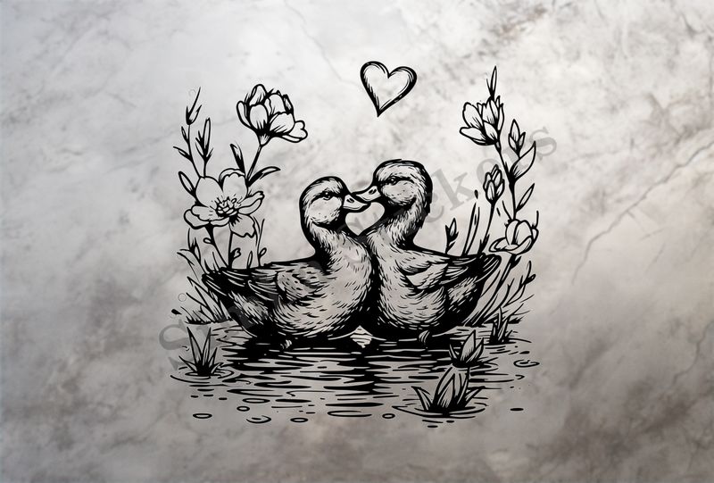 Ducks in love in a pond, outline art