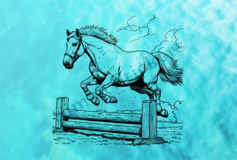 Horse jumping over an obstacle, outline art