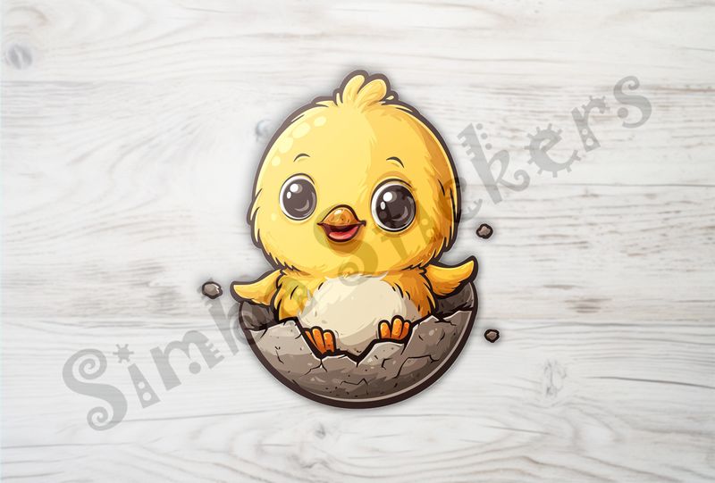 Chick happily resting and waving in eggshell on hatchday