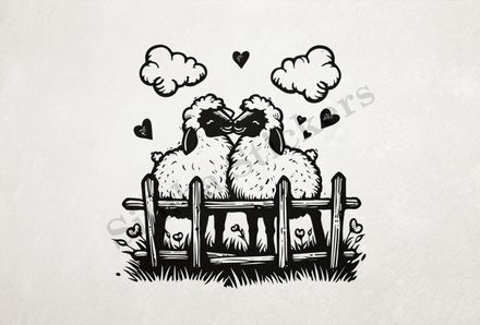 Sheep in love behind a fence, under clouds, outline art