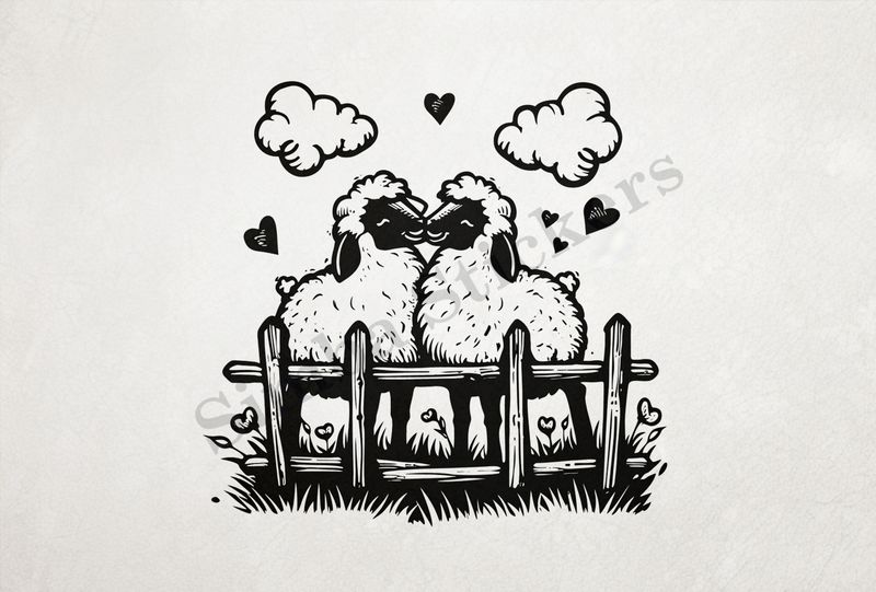Sheep in love behind a fence, under clouds, outline art