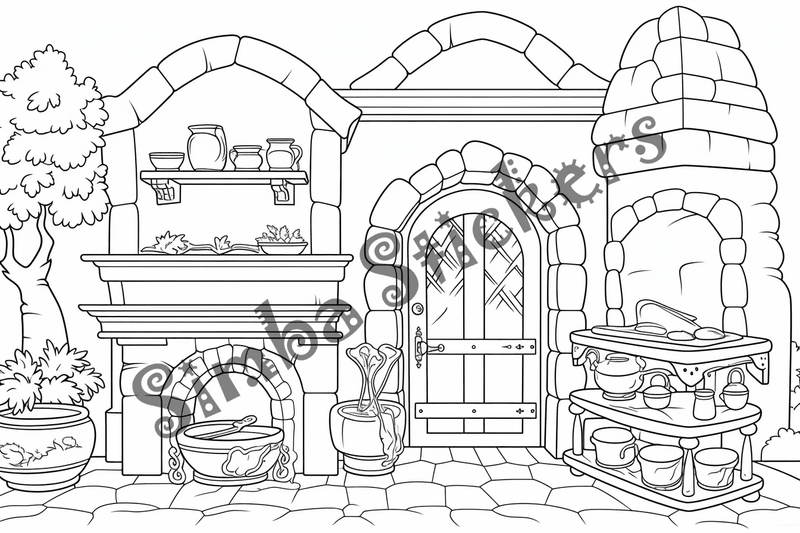 Colouring pages, bundle of house kitchens with stone ovens, 10 images