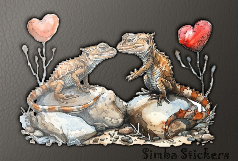 Lizards in love on 2 rocks, watercolour