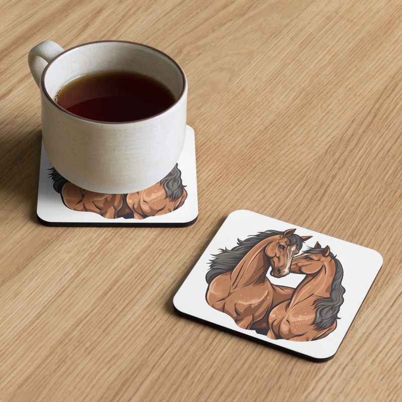 Cork-Back Coaster, Two brown horses snuggling, tdwcyd