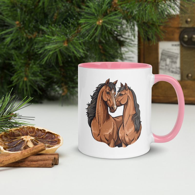White Ceramic Mug with Color Inside, 11&amp;15oz, Two brown horses snuggling, tdwcyd