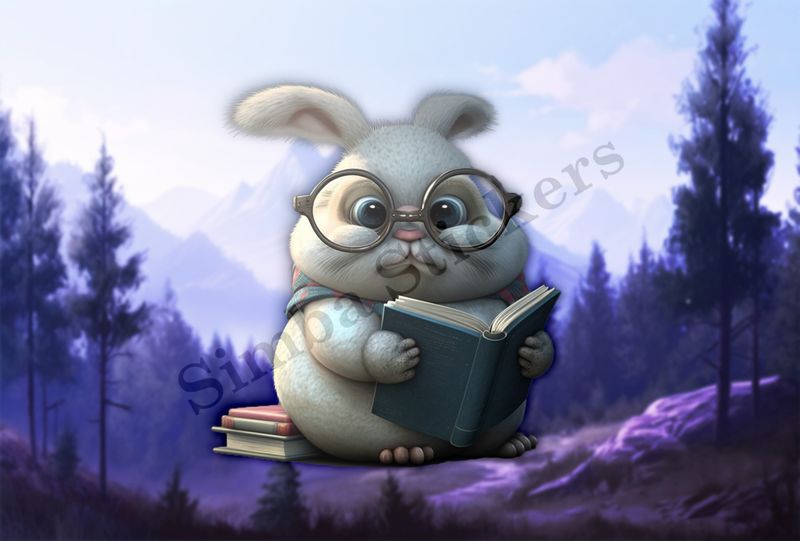 Chubby bunny in glasses holding a book