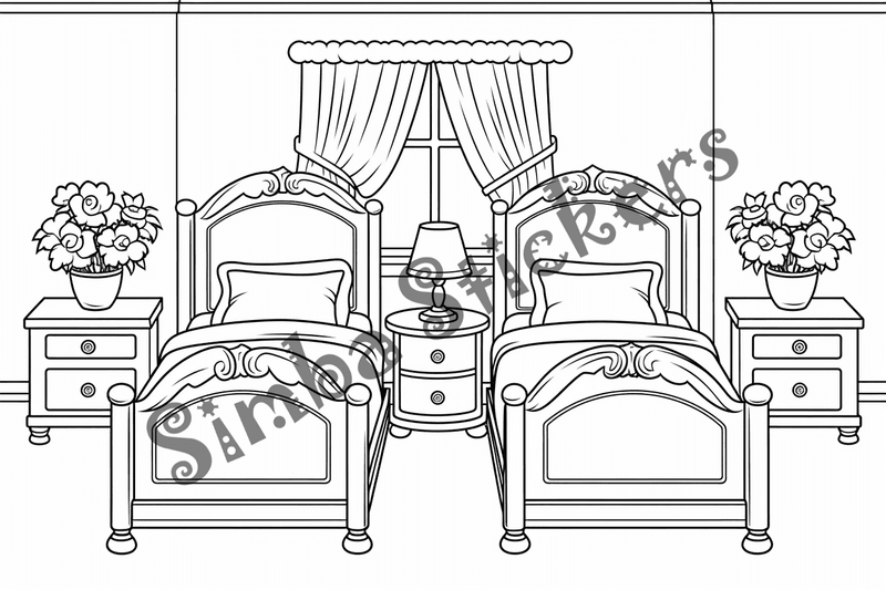 Colouring pages, bundle of house bedrooms, 25 images