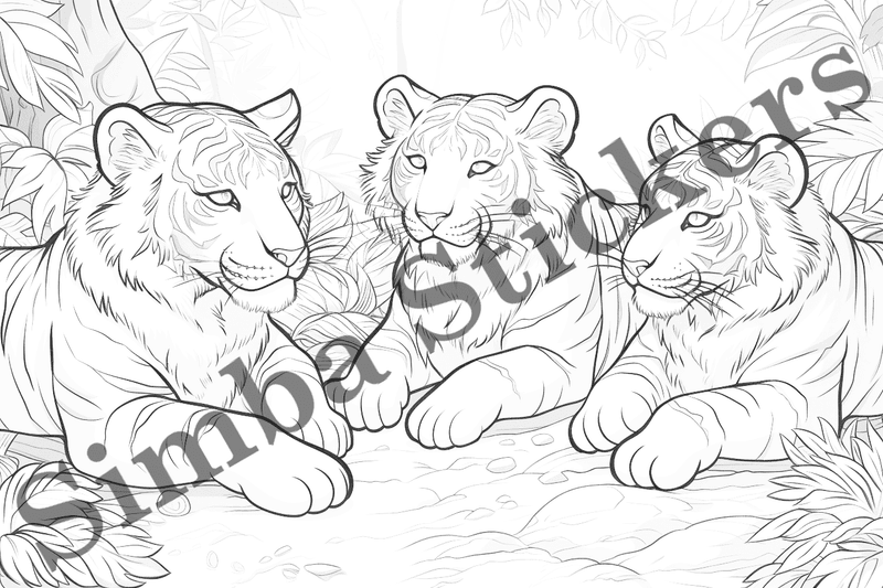 Colouring pages, bundle of tigers, 10 images