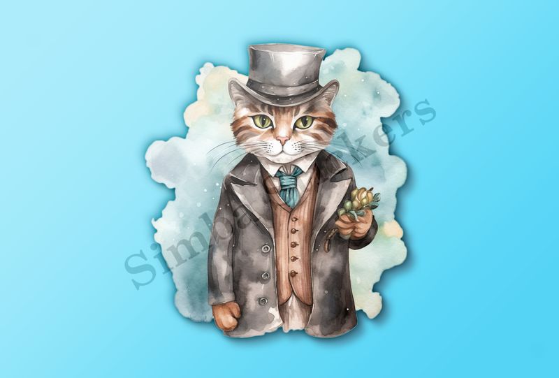 Cat in vitage suit and hat, watercolour