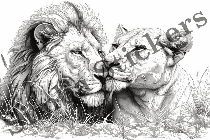 Colouring pages, Bundle of lions in love, 10 images