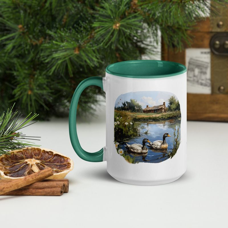 White Ceramic Mug with Color Inside, 11 &amp;15oz, Ducks in love swimming in farmhouse pond 