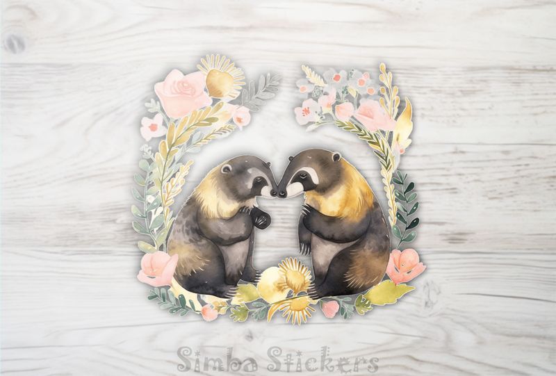Honey Badgers surrounded by romantic laurel wreath, watercolour, mncsz5