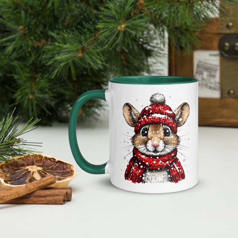 White Ceramic Mug with Color Inside, 11&amp;15oz, Mouse wearing red winter hat and scarf in snow, xg8dl3