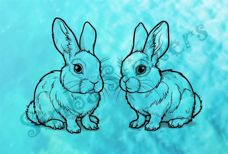 Hares looking cute, outline art