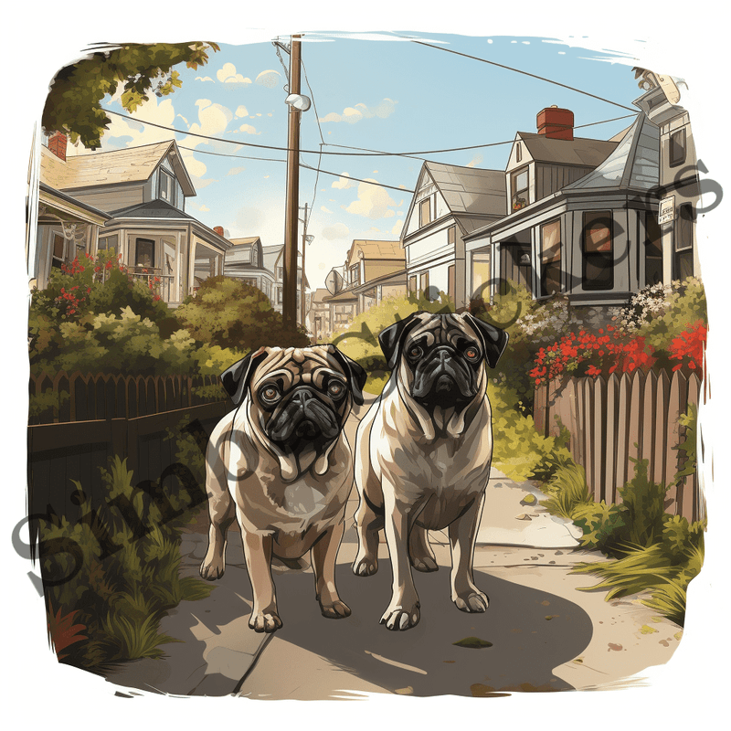 Pug dogs outdoors, image set, 10 images