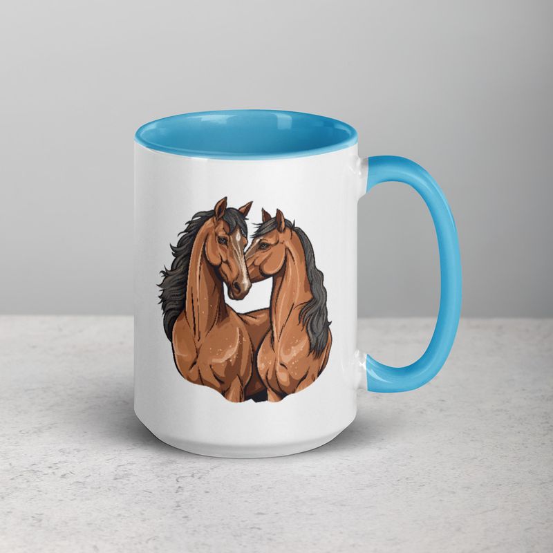 White Ceramic Mug with Color Inside, 11&amp;15oz, Two brown horses snuggling, tdwcyd