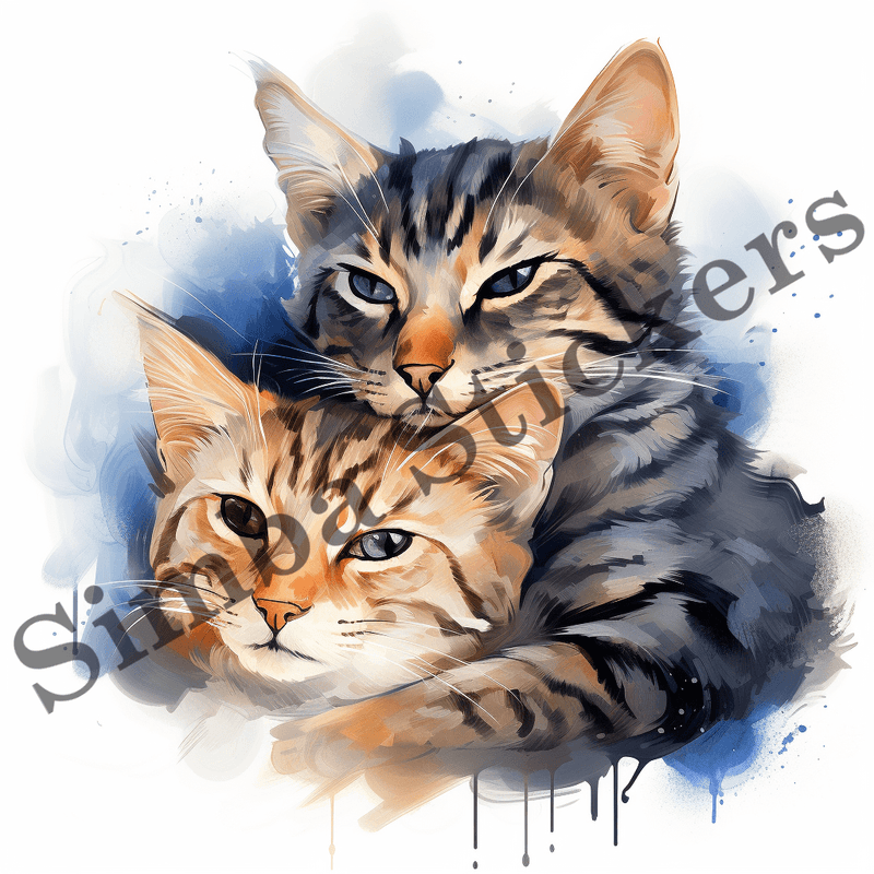 Egyptian Mau cats in love cuddling, watercolour, image set, 10 images