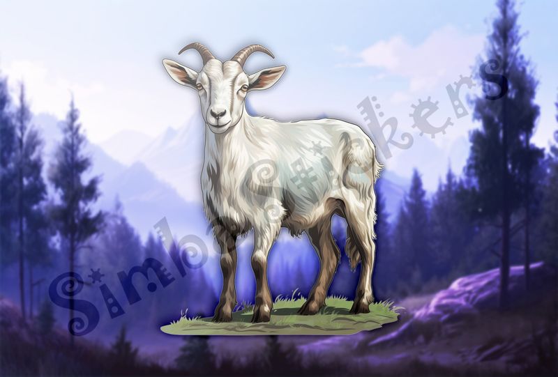 White goat look standing on green patch
