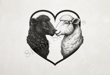 Sheep in love, one white, one black, outline art