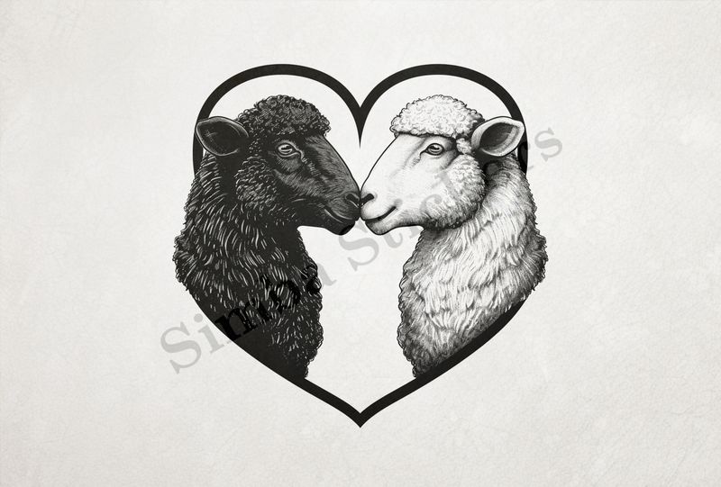 Sheep in love, one white, one black, outline art