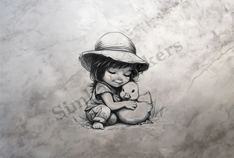 Duckling hugged by small kneeling girl in a hat, outline art