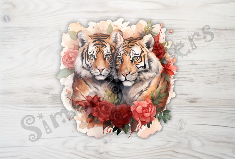 Tigers in love in rose flowers, watercolour