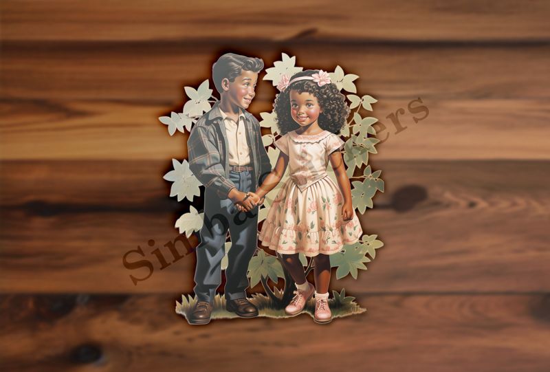 Boy and girls holding hands, leaves behind them
