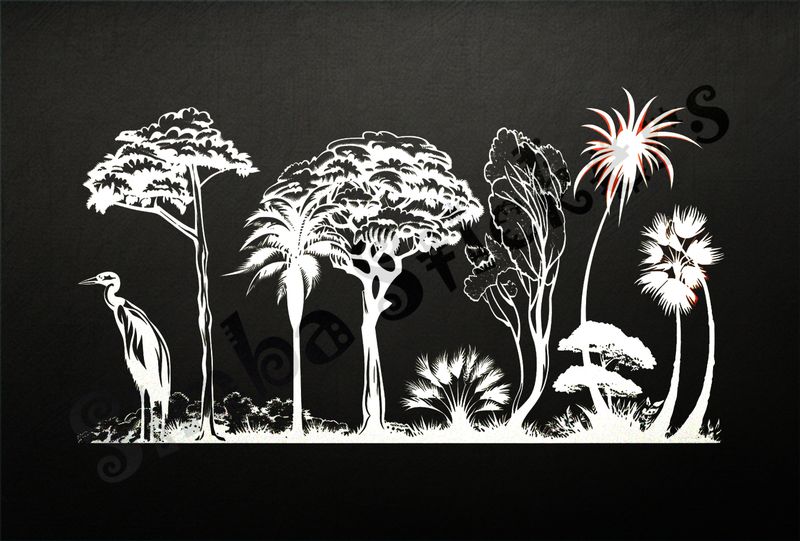 Equatorial Rainforest landscape, large bird, outline art