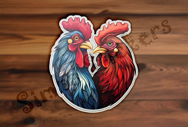 Cock and hen beak-to-beak in love, watercolour