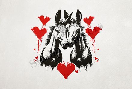Donkeys nose-to-nose in love,  red hearts, outline art