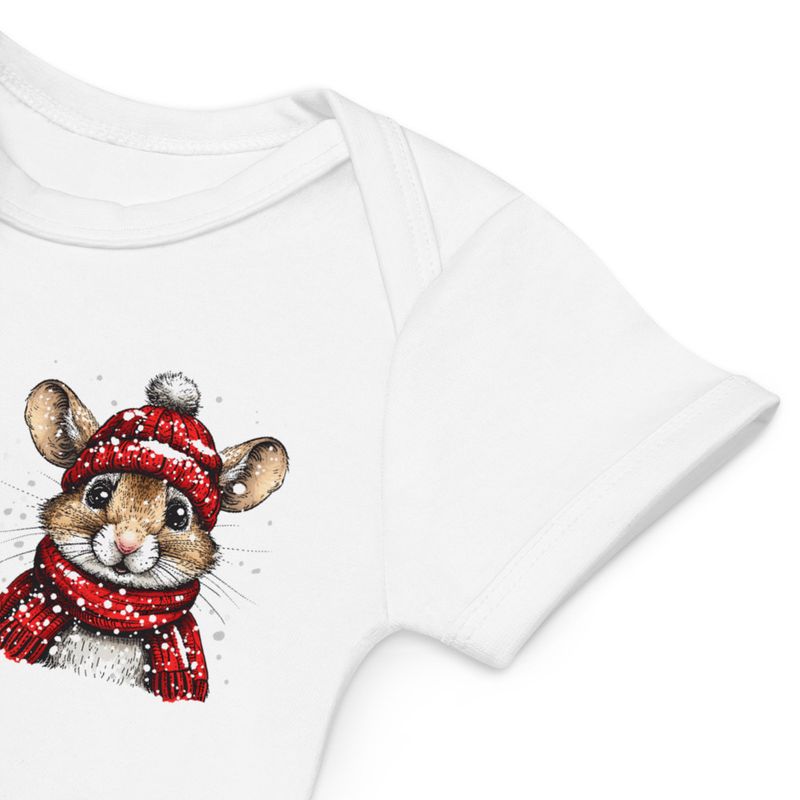 Organic Cotton Baby Bodysuit, 3-18 months, Mouse wearing red winter hat and scarf, xg8dl3,left chest