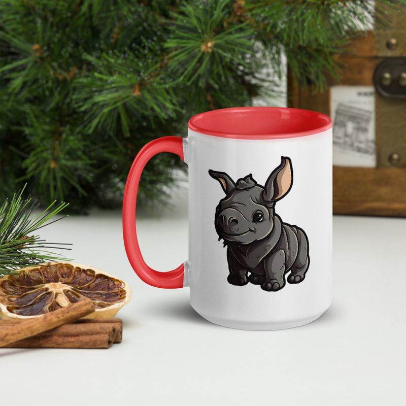 White Ceramic Mug with Color Inside, 11oz &amp; 15oz, Black rhino calf looking cute 