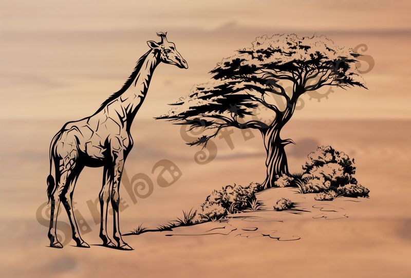Giraffe heading towards a tree in the Savanna, outline art