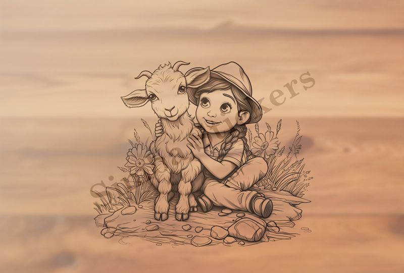 Goat kid hugged by girl, outline art