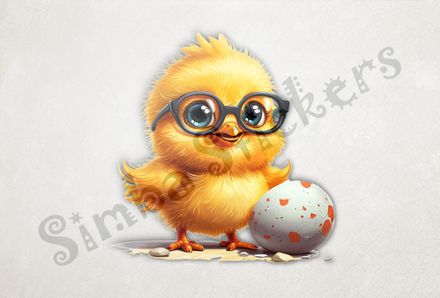 Chick in glasses standing next to small egg