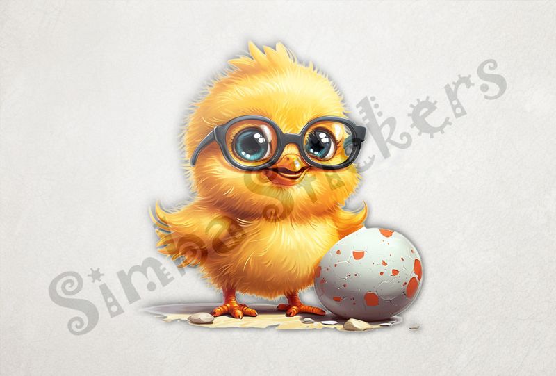 Chick in glasses standing next to small egg