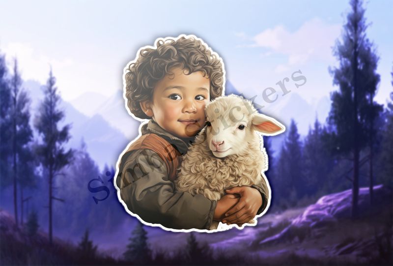 Lamb hugged by small boy of Asian origin, vintage