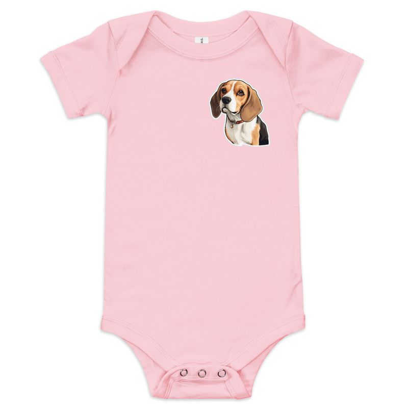 Baby Short Sleeve One Piece, 3-24 Months, Beagle dog with collar, left chest 