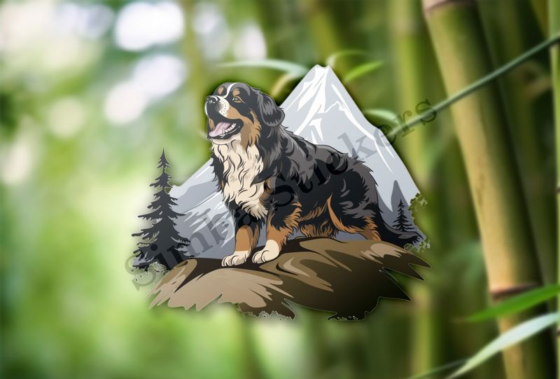 Bernase Mountain dog with mountain in background