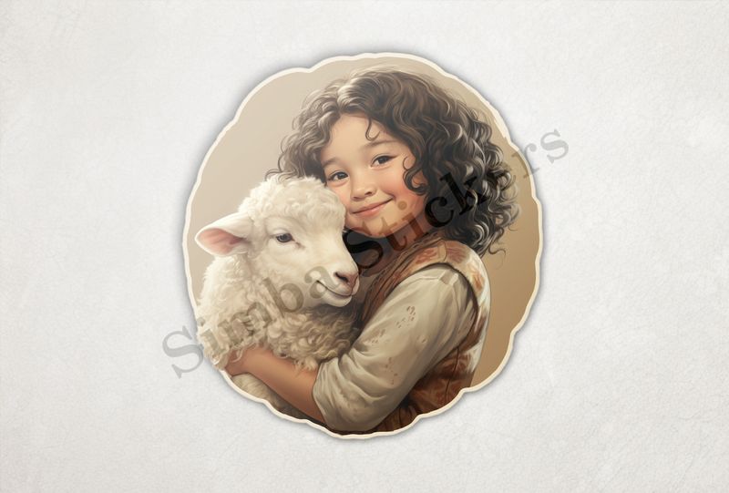 Sheep hugged by smiling girl of Asian origin, vintage