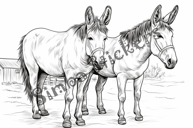 Colouring pages, bundle of donkeys with children, 25 images